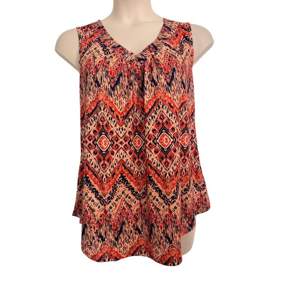 Ofeefan Sleevless Print Tank Size XL Orange Pleated V Neck NWT Stretchy - Picture 1 of 9